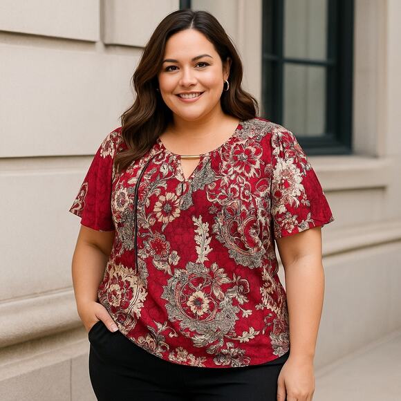 2/$30 Worthington Woman PLUS 1X Floral Print Knit Top Women Red Burgundy - Picture 1 of 12